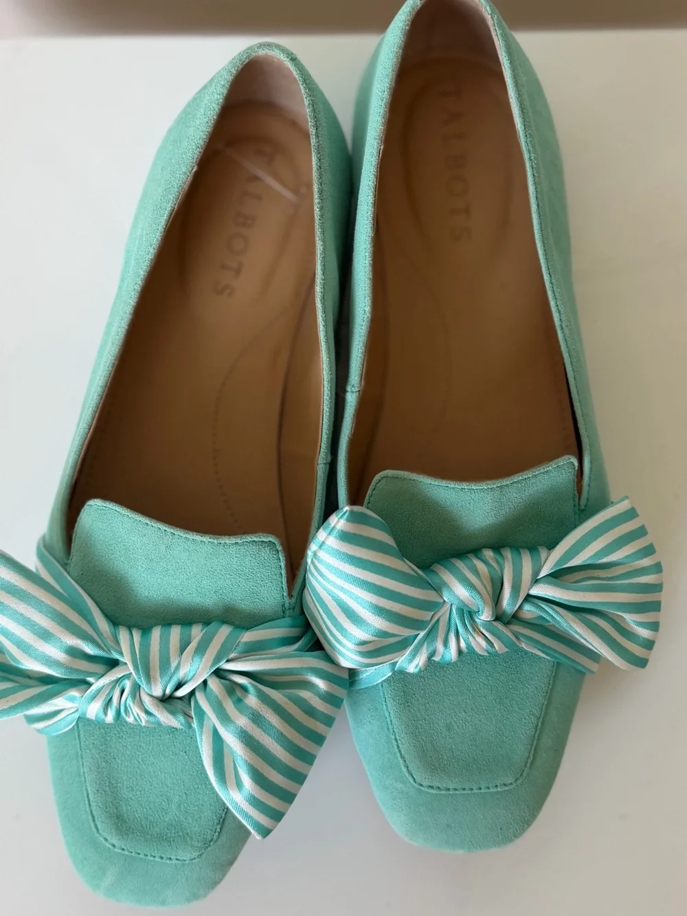 Talbots Mint Aqua Suede Loafers Flats Striped Bow Square Toe Size 6M